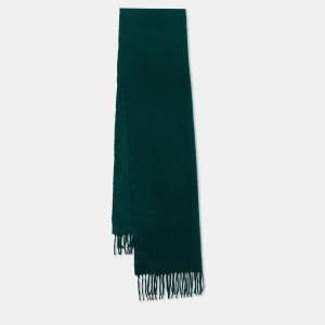Pre Owned Hermes Green Logo Embroidered Cashmere Fringed Scarf
