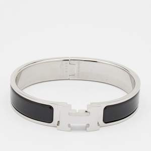 Pre Owned Hermes Black Enamel Palladium Plated Clic H Bracelet