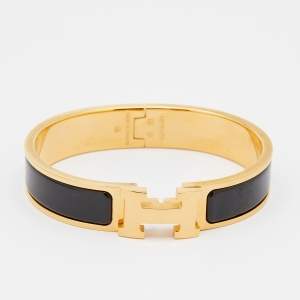 Pre Owned Hermes Clic H Black Enamel Gold Plated Narrow Bracelet