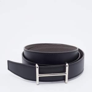 Pre Owned Hermes Black/Etain Chamonix and Togo Leather Palladium Finish Idem Belt 100 CM
