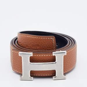 Pre Owned Hermes Black/Gold Box and Togo Leather Reversible Palladium Finish H Buckle Belt 90 CM