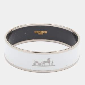 Hermes White Enamel Print Palladium Plated Caleche Bangle Bracelet