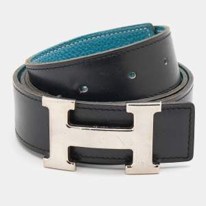 Hermes Black/Bleu Jean Box and Togo Leather Palladium Finish Reversible H Buckle Belt 90 CM