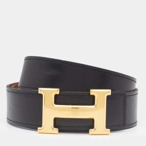 Pre Owned Hermes Black/Gold Box and Togo Leather Gold Finish Constance H Belt 95 CM
