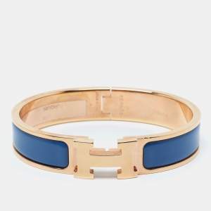 Pre Owned Hermès Clic H Blue Enamel Rose Gold Plated Narrow Bracelet