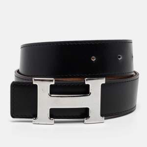 Pre Owned Hermes Black/Gold Togo and Box Leather H Buckle Reversible Belt 75CM
