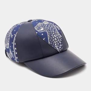 Herms Navy Blue Leather & Thelma Les Leopards Silk Baseball Cap 57