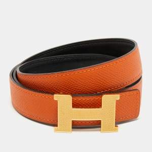 Pre Owned Hermes Orange/Black Epsom and Swift Leather Guillochee Constance Reversible Belt 75CM