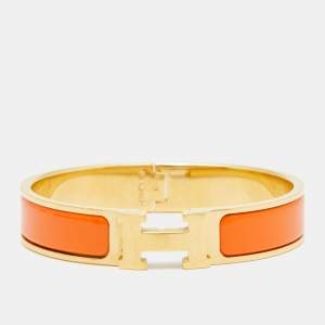 Hermes Clic H Orange Enamel Gold Plated Narrow Bracelet