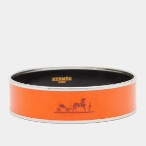 Hermes Orange Enamel Palladium Plated Caleche Bangle Bracelet