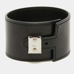 Hermes Black Leather Chamonix Vegas Lock Wide Cuff Bracelet