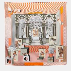 Hermes Orange Grand Theatre Nouveau Printed Silk Square Scarf