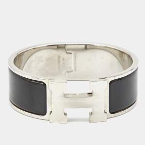 Hermès Clic Clac H Black Enamel Palladium Plated Wide Bracelet