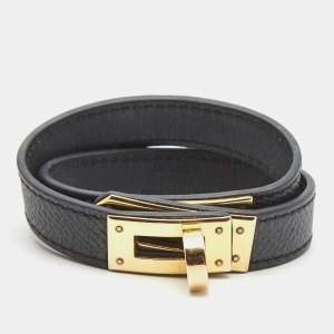 Hermès Dark Grey Leather Gold Plated Kelly Double Tour Bracelet