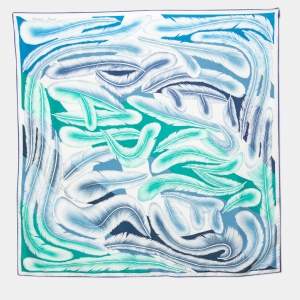 Hermes Blue/Green A La Plume Printed Silk Square Scarf