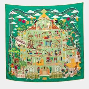 Hermes Green La Maison Des Carres Printed Silk Square Scarf