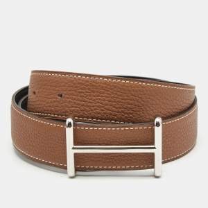 مملوكة مسبقًا Hermes Black/Gold Togo and Box Leather H D'ancre Reversible Belt 85CM