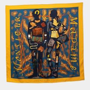 Hermes Yellow/Blue Monsieur et Madame Silk Scarf