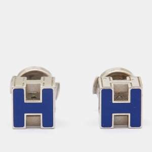 Hermes Cage d'H Blue Enamel Palladium Plated Earrings