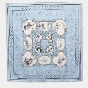 Hermes Light Blue Rodeo Des Cowgirls Printed Silk Square  Scarf