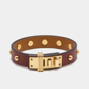 Hermes Mini Dog Clous Rounds Leather Gold Tone Bracelet