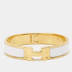 Hermes Clic H White Enamel Gold Plated Narrow Bracelet