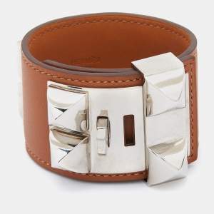 Hermès Collier de Chien Brown Leather Palladium Plated Wide Bracelet S