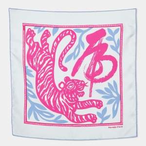 Hermes Sky Blue Tiger Printed Silk Square Handkerchief