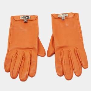 Hermes Orange Lambskin Leather Soya Gloves Size 7