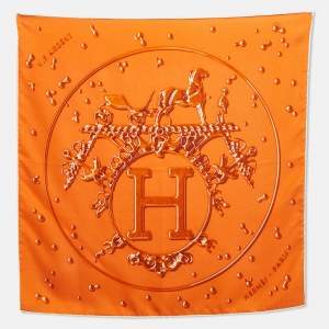 Hermes Orange Vif Argent Silk Pocket Square