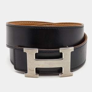 Hermes Black/Gold Box/Togo Leather H Buckle Reversible Belt 90CM