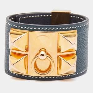 Hermes Collier de Chien Leather Gold Plated Cuff Bracelet