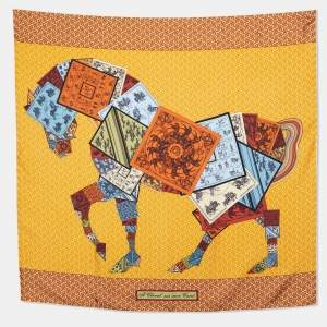 Hermès Yellow A Cheval Sur Mon Carre Printed Silk Square Scarf