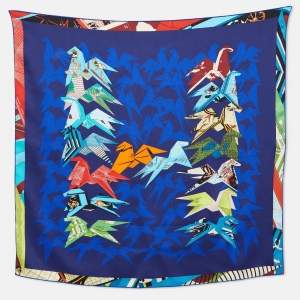 Hermès Navy Blue Coccottes De Soie Printed Silk Square Scarf