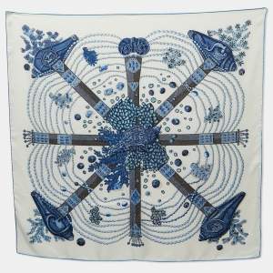 Hermès White & Blue Chemins de Corail Printed Silk Square Scarf