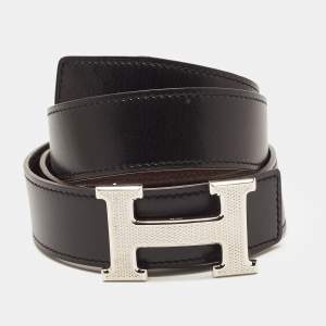 Hermes Black/Ebene Box and Togo Leather Guilloche H Buckle Reversible Belt 85CM