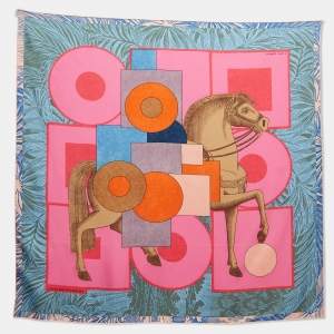Hermès Rose Vif/Bleu Cavalier en Formes Silk Scarf