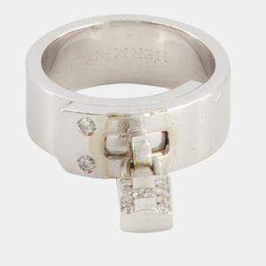 Hermes 18k White Gold Diamond "H" Lock Band Ring Size 51