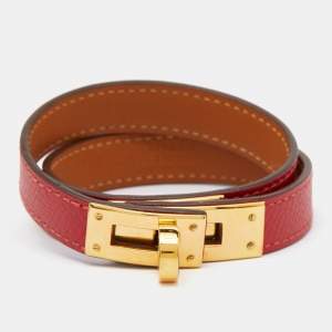 Hermes Kelly Red Swift Leather Gold Plated Double Tour Bracelet
