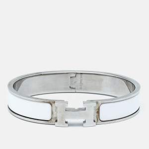 Pre Owned Hermès Clic H White Enamel Palladium Plated Narrow Bracelet 