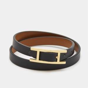 Hermes Behapi Black Leather Gold Plated Double Tour Reversible Bracelet 