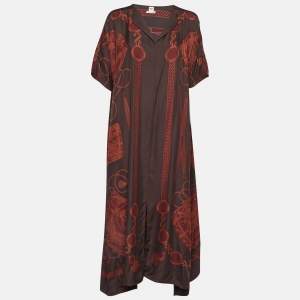 Hermes Brown Les Tambours Print Silk Tunic Midi Dress L