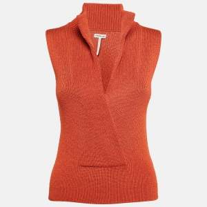 Hermès Orange Rib Knit Plunging Neck Sweater Vest S/M