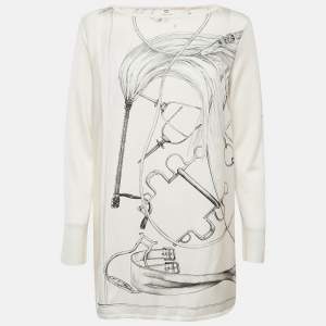 Hermes White Printed Silk and Knit Projets Carre au Crayon Top L