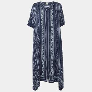 Hermes Navy Blue Printed Silk Kaftan Midi Dress M