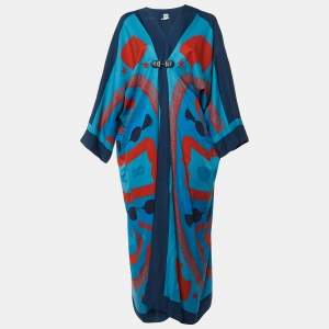Hermes Blue/Multicolor Printed Silk Kimono Long Dress M