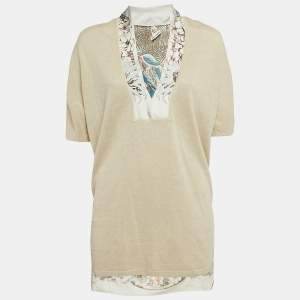 Hermes Beige Aloha Print Linen Knit and Silk V-Neck Blouse L