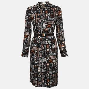 Hermes Navy Blue Printed Silk Carré en Boucles Shirt Dress M