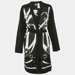 Hermes Black Promenade du Matin Remix Print Silk and Wool Knit Long Twillaine Cardigan M