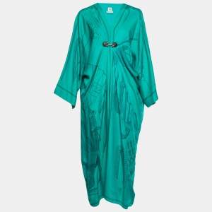 Hermes Green Printed Silk Gathered Kaftan Dress L